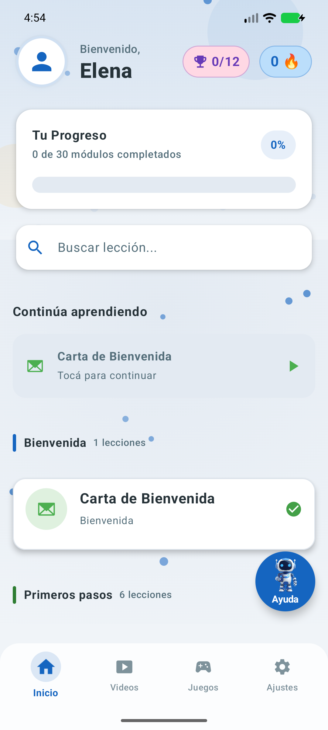 Pantalla de inicio de TuCelu con el avatar Lucas, progreso y próximos pasos