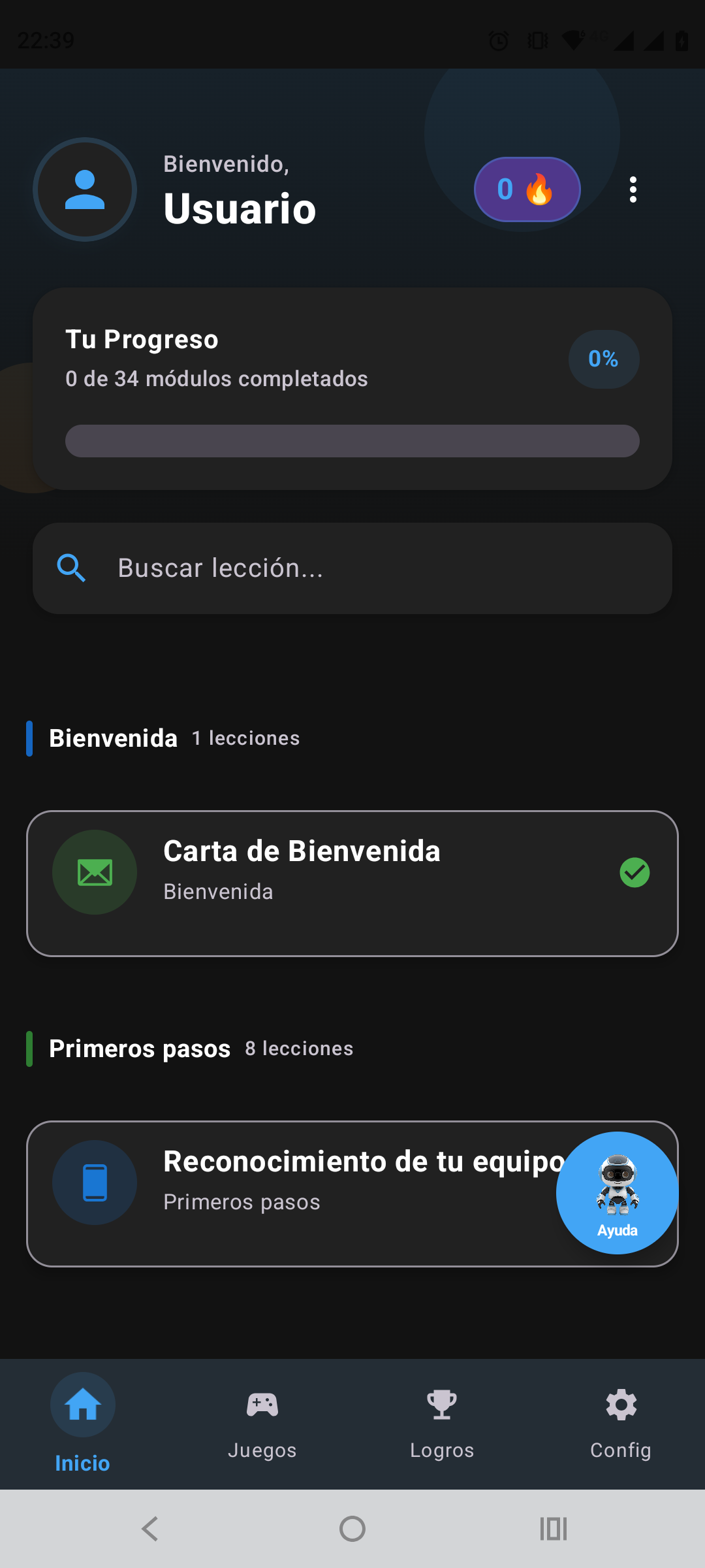 Pantalla de inicio de TuCelu con el progreso de aprendizaje